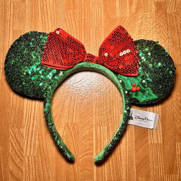 Disney Parks Holiday Minnie Mouse Ears Headband Green Red Sequin Christmas Bow - Picture 1 of 3
